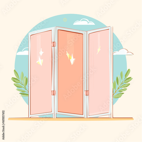Stylish three-panel folding screen with translucent pink glass and sparkling reflections.