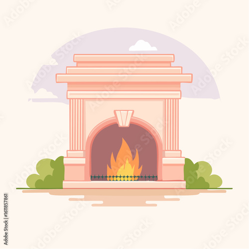 Illustrated peach-colored classical fireplace with fluted columns and a warm burning fire.