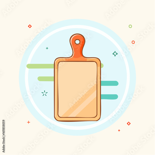 Illustrated wooden cutting board with a rectangular shape and an orange handle with a hanging hole.