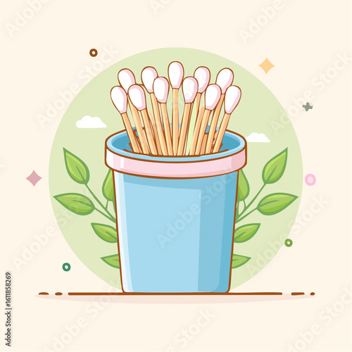 Cute cartoon illustration of wooden cotton swabs with white tips in a light blue holder with a pink rim.