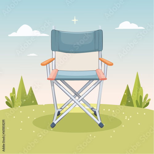 Illustrated blue and beige folding camping chair with a metal X-frame and orange armrests.