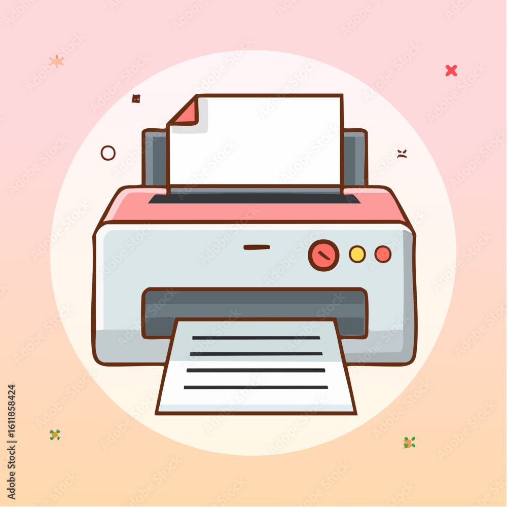 Cute cartoon office printer with red and grey accents printing a document. Cute cartoon office printer with red and grey accents printing a document.