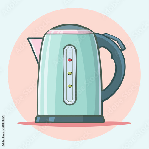 A modern teal electric kettle illustration with a dark handle pink accents and a water level indicator.