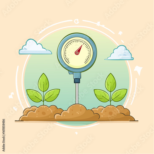 Cartoon soil moisture meter monitoring two green seedlings growing in fertile brown earth.