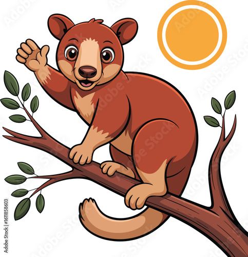 Adorable Tree Kangaroo Cartoon Character Waving Hello on a Branch with Green Leaves and a Yellow Circle in a Transparent Background Illustration