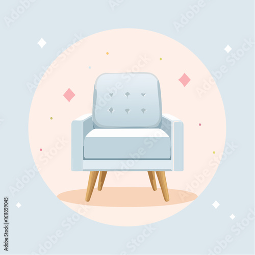 Stylish light blue armchair with a tufted backrest and tapered wooden legs in a modern mid-century style.