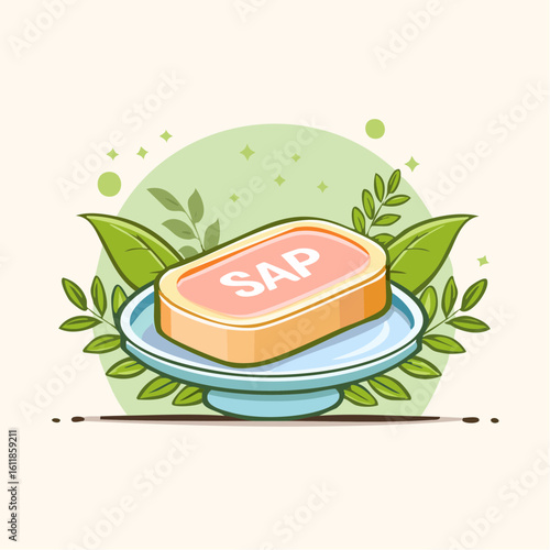 Cartoon illustration of an orange soap bar with SAP text on a blue dish with green leaves.