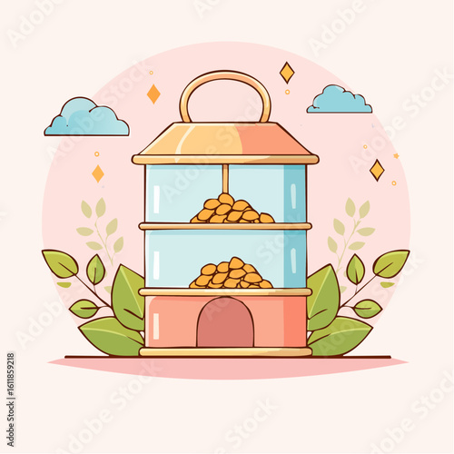 Cute cartoon two-tier bird feeder with a pink base transparent sections and a golden roof.