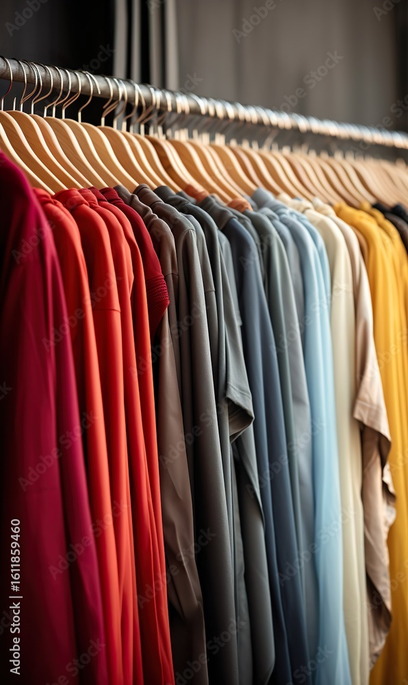 Obraz premium Row of different female clothes hanging on rack in hipster fashion show room in shopping mall. Trendy women wear