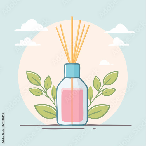 Aromatic reed diffuser illustration with pink essential oil wooden sticks and fresh green leaves.