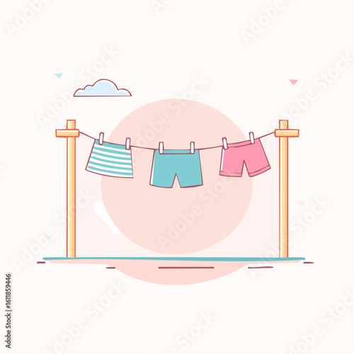 Colorful laundry a striped skirt and two pairs of shorts hanging on a clothesline with clothespins.