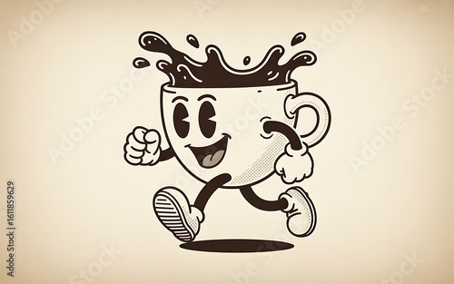 Retro Cartoon Coffee Cup Character Spilling Liquid While Walking Energetically with a Happy Expression and Vintage Aesthetic