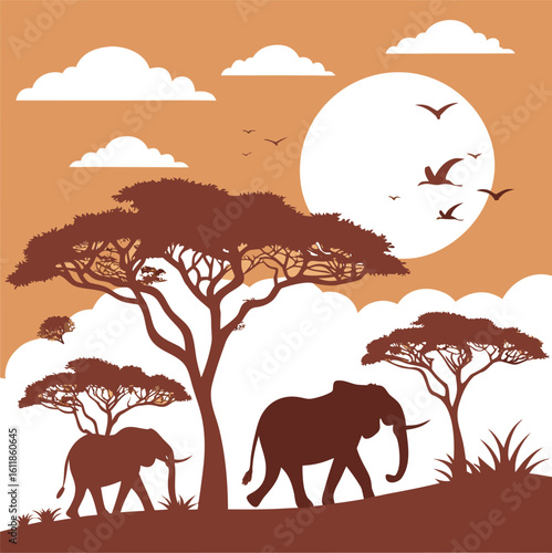 Papercut Style African Savanna Sunset with Silhouette Elephants and Full Moon