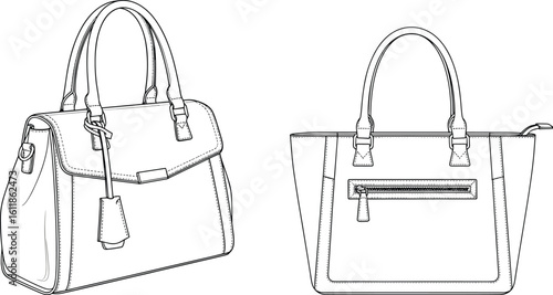 Handbag technical sketch, elegant leather tote vector, fashion accessory line art, structured bag design drawing, stylish purse cad flat