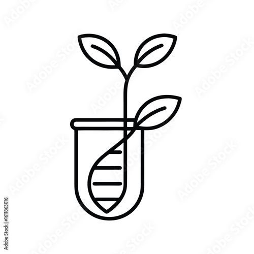 Minimalist Line Art of Plant in Test Tube with DNA Helix – Genetic Engineering and Biotechnology Icon