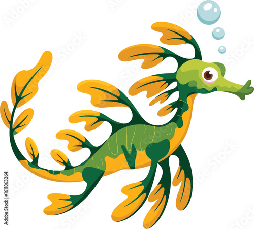 Leafy Seadragon Cartoon Illustration with Flowing Appendages and Bubbles, a Whimsical Marine Creature for Aquarium Displays and Children's Art