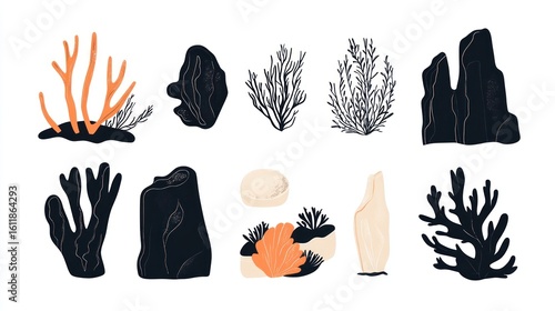 Fototapeta Naklejka Na Ścianę i Meble -  Collection of stylized coral, rocks, and sea life illustrations