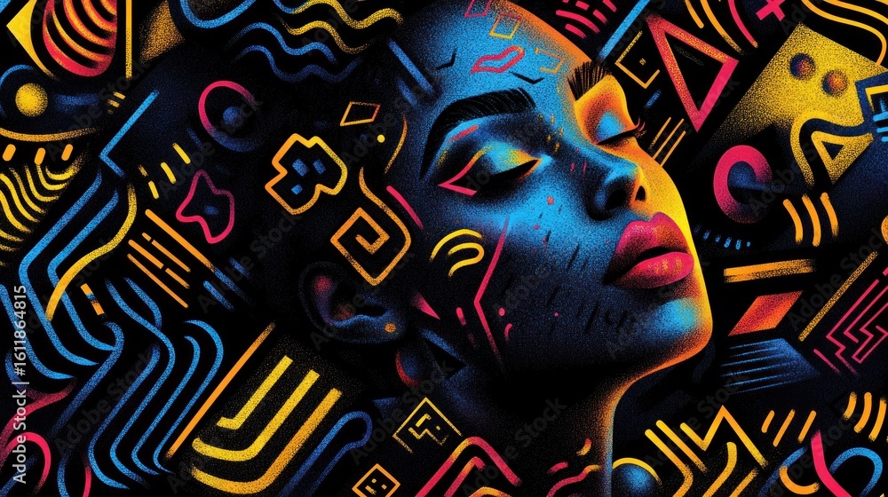 Obraz premium Close-up vibrant digital art of a woman's face, overlaid with bold graphic patterns