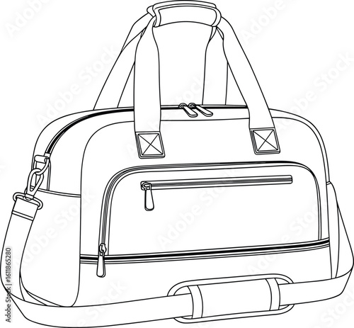 High-quality CAD drawing of duffle bag, flat vector illustration, detailed outline design, travel bag sketch, fashion accessory art