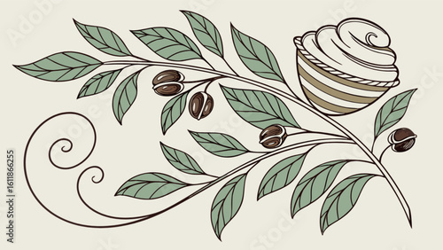 Elegant coffee branch with beans and swirl design vector illustration for coffee shop decor and branding art
