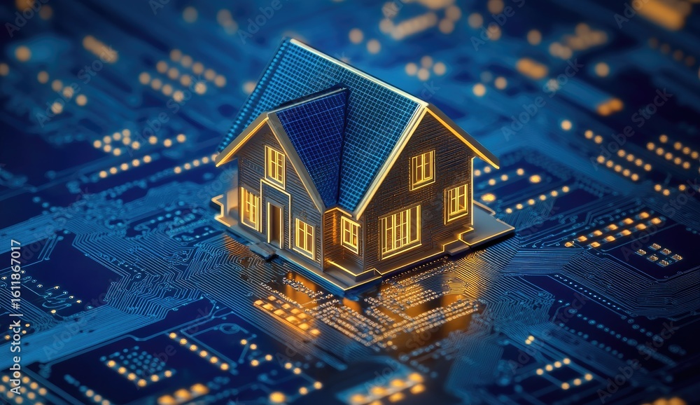 Explore a digital representation of a house model emphasizing the integration of technology in smart home construction for modern living. Explore a digital representation of a house model emphasizing the integration of technology in smart home construction for modern living.