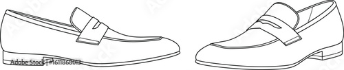 Men’s loafer shoe CAD illustration, side and angle view, dress shoe technical sketch, footwear vector design, fashion drawing template