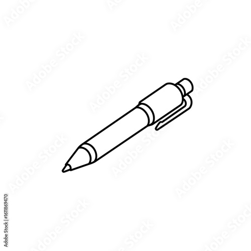 Mechanical pen icon in isometric view. Outline black and white illustration of a retractable ballpoint pen