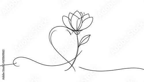 Single line drawing of a flower and heart