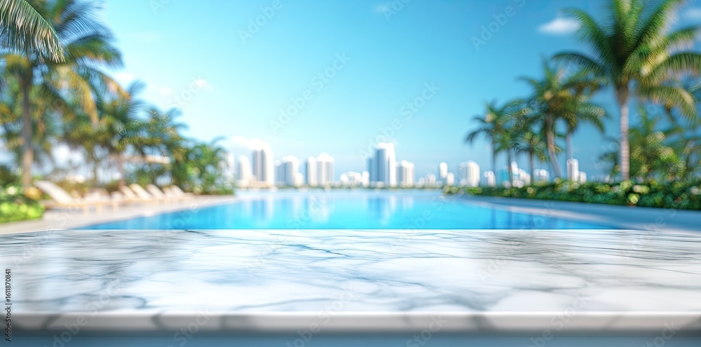Fototapeta premium White marble table top with blurred swimming pool in tropical resort during summer - perfect for showcasing or arranging your products.