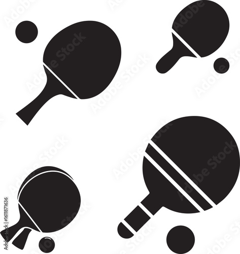 Table Tennis Paddle and Ball Icons Set. in silhouette vector.
