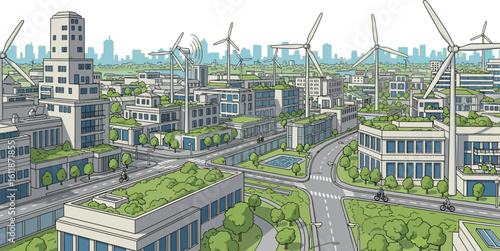 Eco-friendly urban city powered by wind turbines and sustainable green roofs