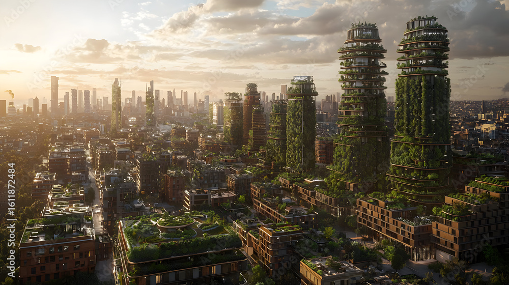 Obraz premium Sustainable urban renewal in a cityscape at sunset. Green vertical farms and rooftop gardens transform aging buildings, creating a thriving, eco-friendly metropolis