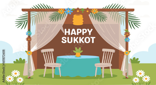 Festive Sukkot Celebration A Beautiful Outdoor Illustration Featuring Traditional Decorations and Cheerful Atmosphere for the Jewish Holiday