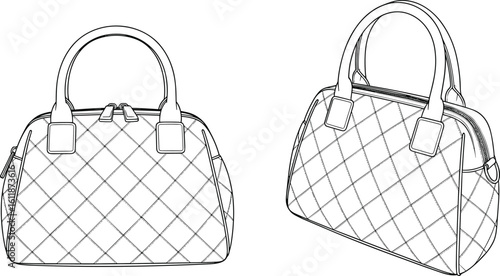 Quilted leather handbag technical sketch, luxury purse cad drawing, fashion accessory illustration, flat vector, front and angled view