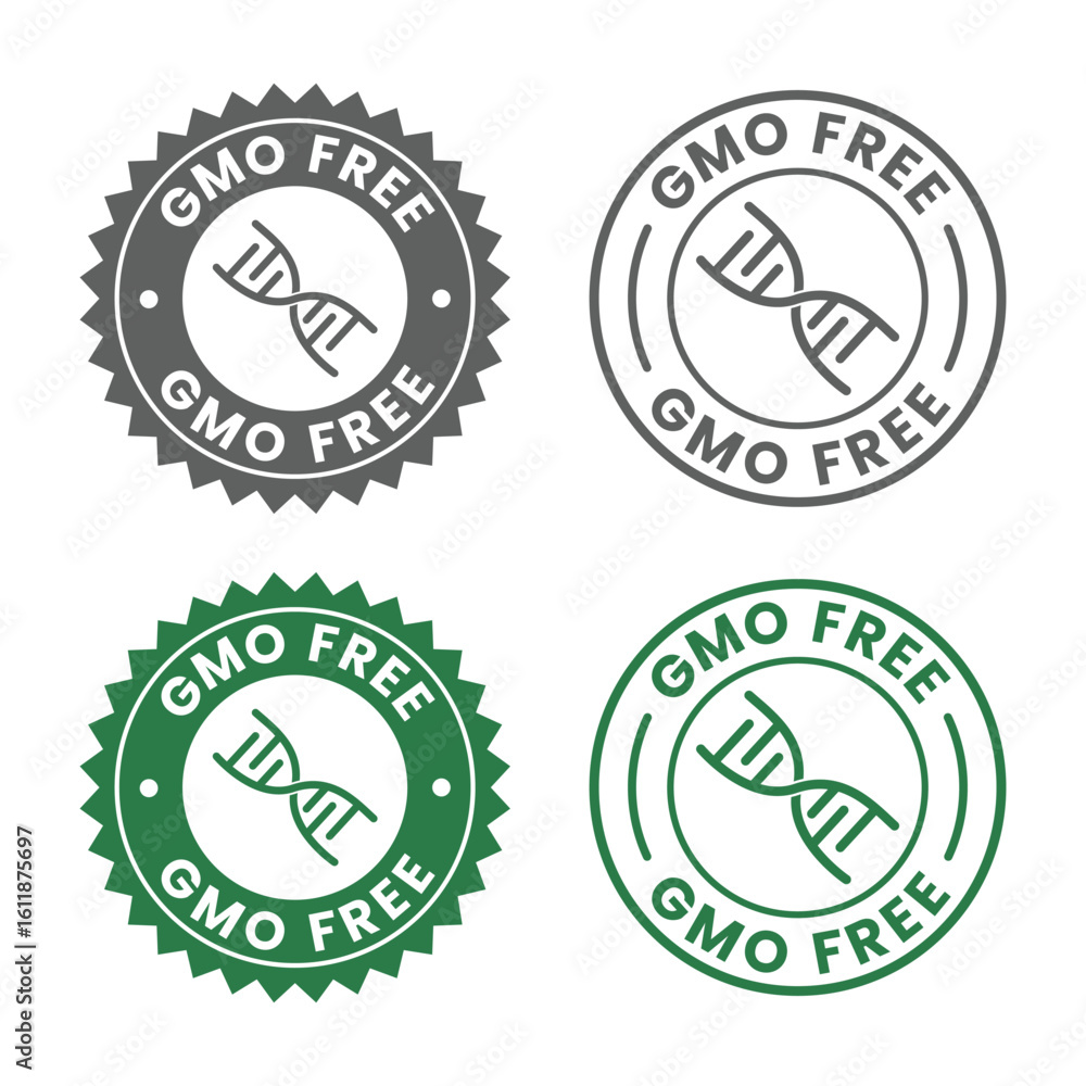 Obraz premium GMO Free Icon Set. Non-GMO Label, No Artificial Chemicals Badge, Logo, Symbol, Emblem, Stamp. Line Vector Isolated for Organic, Natural, Chemical-Free Product Packaging Design.