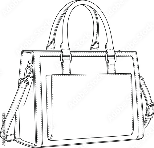 Structured handbag design with shoulder strap, CAD fashion accessory sketch, front pocket stylish tote bag, flat vector drawing illustration