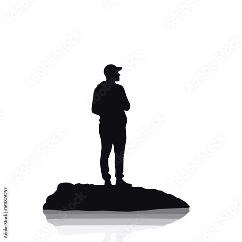 Silhouette of person standing on floating rock representing emotional stability  