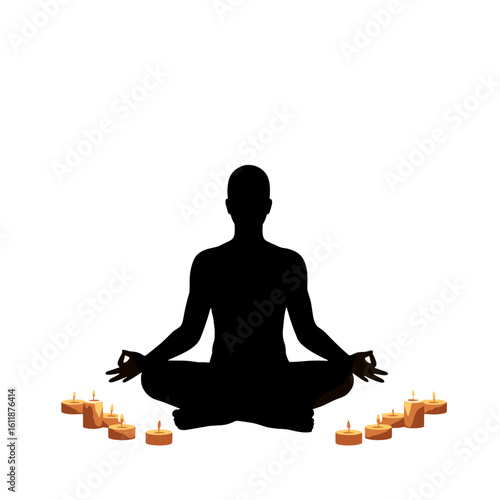 Silhouette of person meditating in circle of candles, safe space - Concept of burnout, psychological support  