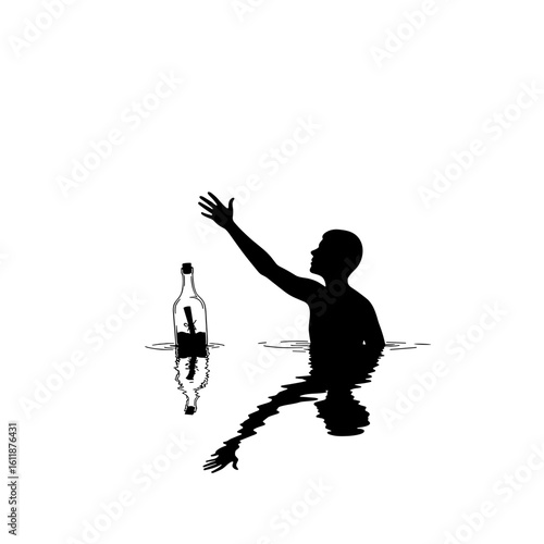 Silhouette of person reaching out from water towards bottle, concept of burnout, psychological help  