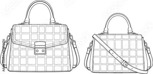 Stylish handbag CAD drawing, front and back vector illustration, fashion accessory sketch, leather purse design, flat technical layout