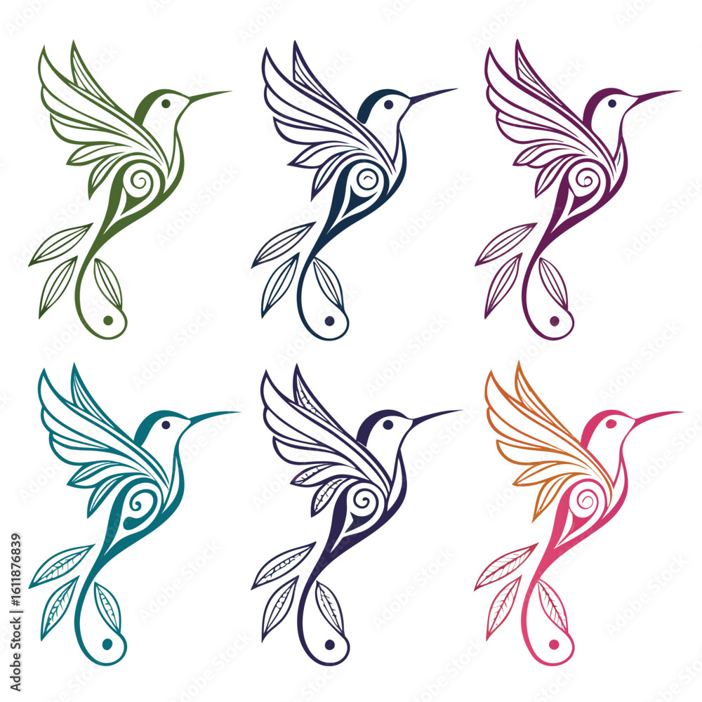 Obraz premium Six Stylized Hummingbird Graphics in Green Blue Purple Orange Pink and Dark Blue illustration
