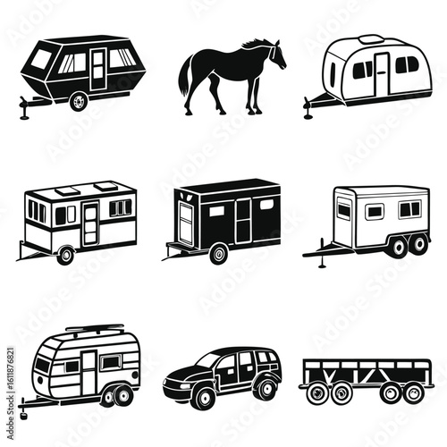 Set of nine black and white icons depicting various trailers horse trailer and car caravan camper