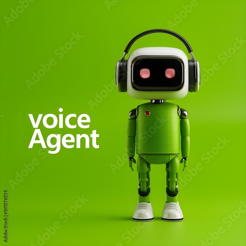Cute green robot with headphones showcasing innovative technology on a vibrant green background for digital assistants. Call Center Agent