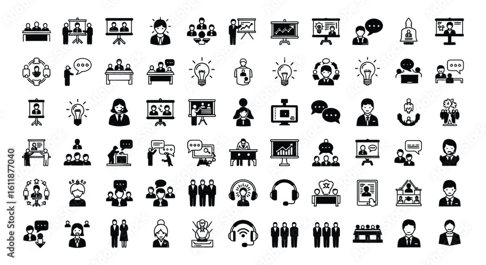 Obraz premium Business and Teamwork Icons Set in Black for Meetings, Collaboration, and Strategy