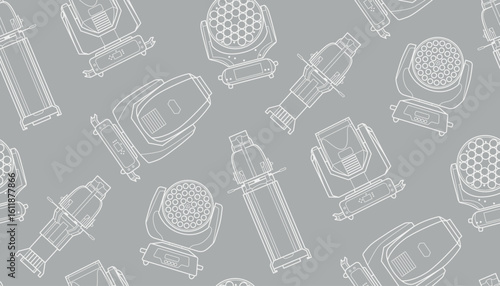 Stage Lighting Equipment Pattern Seamless Vector Illustration white contour line drawings of various professional stage lighting fixtures moving heads, LED wash lights and profile spotlights