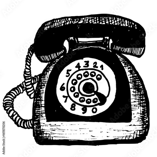 Vecchio telefono a disco retrò disegnato a mano