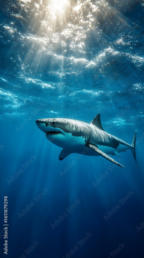 Fototapeta premium Great white shark swimming underwater in the ocean near coral reef