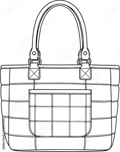 Tote handbag CAD drawing, fashion accessory design, flat sketch of women’s quilted purse with front pocket, vector illustration