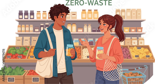 Eco conscious couple shopping with reusable bags at zero waste store