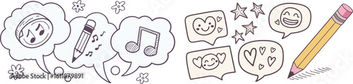 Doodle Style Illustration with Pencil and Speech Bubbles on transparent background